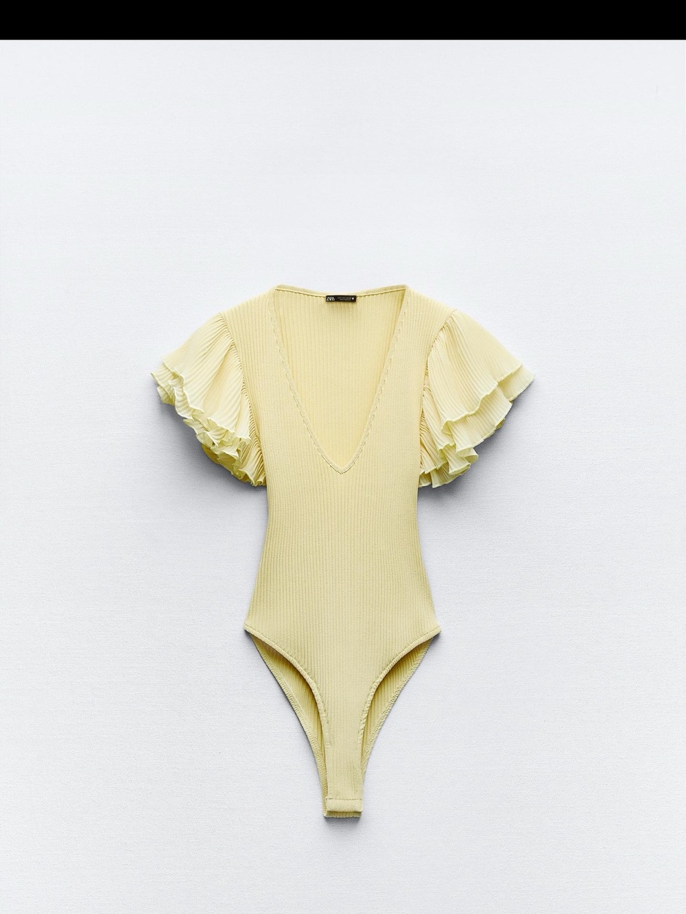Zara Pale Yellow Ribbed V-Neck Bodysuit with Ruffle Sleeves